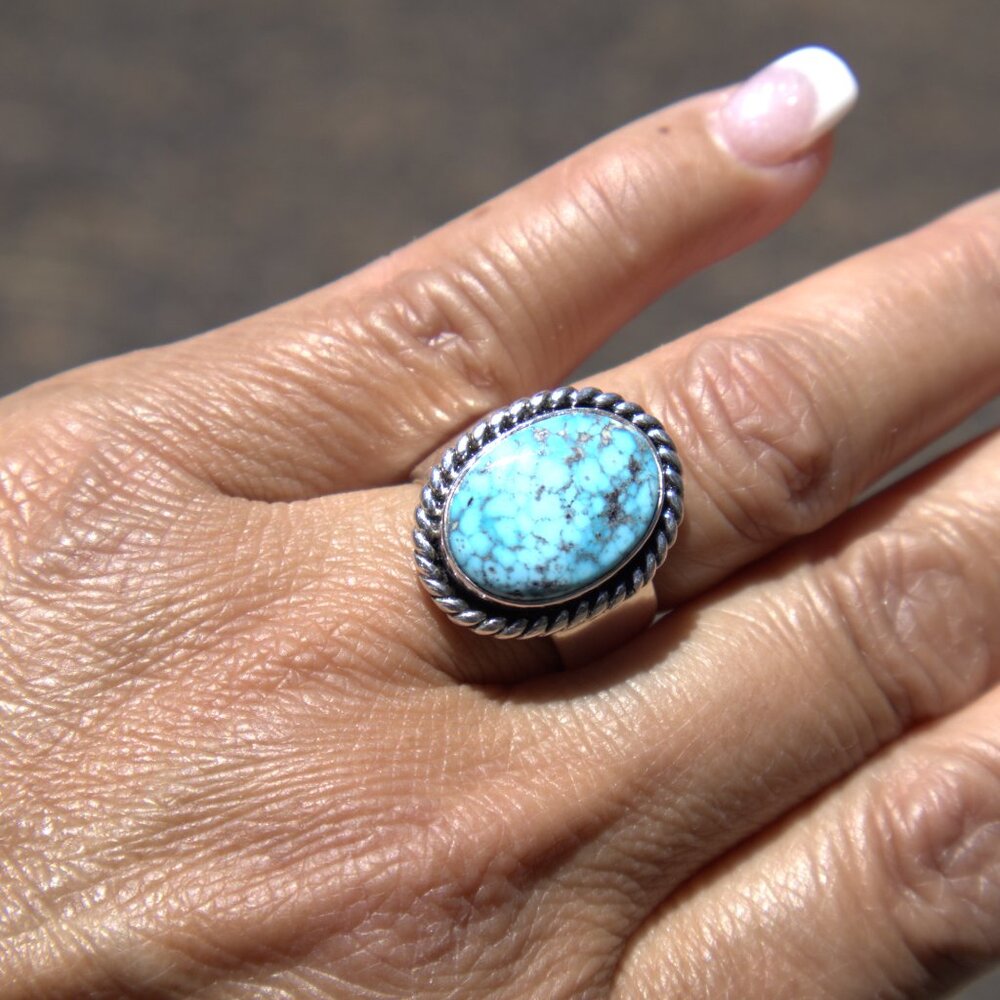 Navajo Mountain Turquoise Wide band ring NA Sterling Silver Jewelry Sz 7.5US***